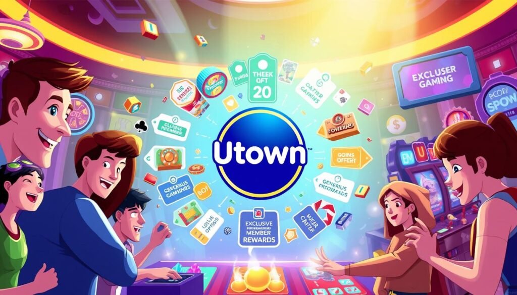 A vibrant and engaging illustration showcasing the diverse offerings of the UTown gaming platform. In the foreground, a group of lively characters engage in a variety of interactive games, their expressions filled with excitement and anticipation. The middle ground features a prominent display of the UTown brand logo, surrounded by a dynamic array of colorful icons and graphics representing the platform's generous promotional offers and exclusive member rewards. The background is illuminated by a warm, inviting glow, creating a sense of welcoming atmosphere. The overall composition captures the energy, excitement, and sense of community that embodies the UTown gaming experience.