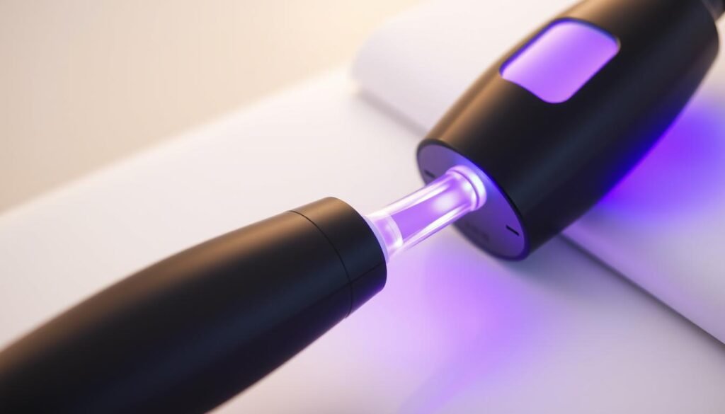 A close-up view of the Glowin' Beaute skin rejuvenation device, sleekly designed with a matte black finish. The device emits a soft, glowing violet light, hinting at the advanced bipolar radio frequency technology it utilizes. The innovative single-polar electrode effortlessly glides across the skin, stimulating deep tissue regeneration and activating the skin's natural healing abilities. The clinical, yet serene atmosphere is enhanced by smooth, minimalist surfaces and soft, directional lighting, emphasizing the precision and effectiveness of this cutting-edge beauty technology.
