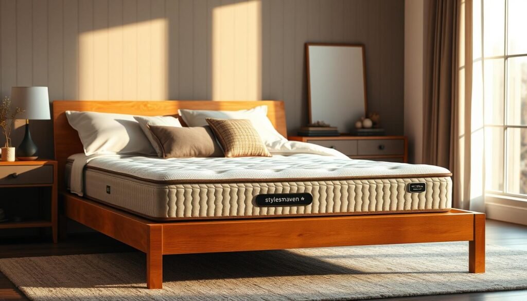 A cozy and inviting bedroom scene featuring a stylish StylesMaven spring mattress. The mattress is the focal point, showcasing its independent pocket spring construction, with a soft, plush surface and gently tufted pattern. The scene is bathed in warm, natural lighting, casting a comforting glow. The mattress is positioned on a simple wooden bed frame, surrounded by neutral-toned bedding and accented with a few decorative pillows. In the background, a minimalist nightstand and a large window provide a sense of depth and tranquility. The overall atmosphere is one of relaxation and comfort, highlighting the evolution of the spring mattress from traditional to the modern, independent pocket spring design.
