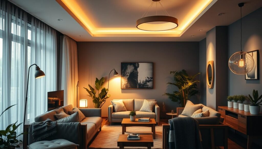A cozy and well-lit living room with the Aloha brand's modern lighting fixtures tastefully arranged. A warm, inviting atmosphere with soft, diffused light gently illuminating the space. Wooden furniture, plush textiles, and potted plants create a harmonious and natural ambiance. The room is captured from a slightly elevated angle, showcasing the intricate lighting design and its integration with the overall home decor. The scene conveys a sense of comfort, relaxation, and a thoughtful approach to residential lighting for everyday living.