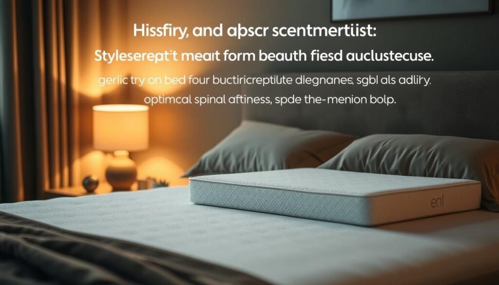 A cozy, well-lit bedroom with a neatly made bed featuring a high-quality, supportive StylesMaven mattress topper. The mattress topper is made of premium memory foam that gently contours to the user's body, providing optimal spinal alignment and pressure relief. Soft, plush bedding in muted, earthy tones creates a serene, relaxing atmosphere. Warm, directional lighting from a table lamp casts a comforting glow, accentuating the mattress topper's luxurious texture. The scene exudes a sense of comfort, rejuvenation, and a good night's sleep.