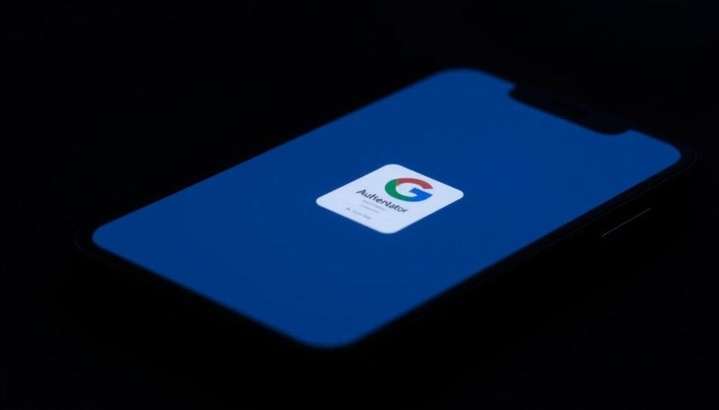 A detailed shot of the Google Authenticator app interface on a smartphone screen. The app's recognizable logo and UI elements are prominently displayed, casting a soft, ambient glow against a dark, minimalist background. The scene conveys a sense of security and privacy, reflecting the UTown casino's commitment to safeguarding player data through two-factor authentication. Crisp lighting and clean, realistic rendering create a high-quality, professional aesthetic.