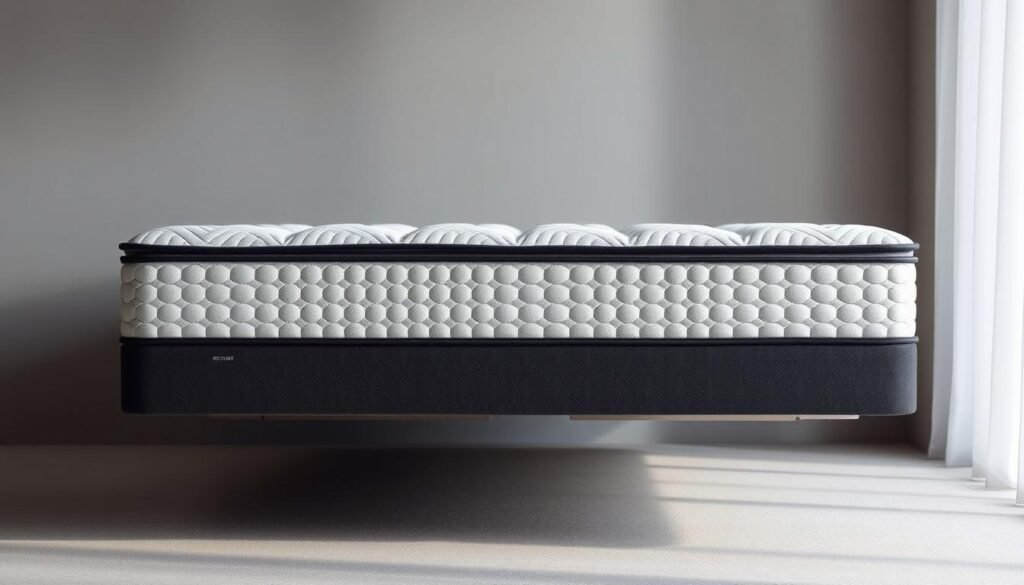 A high-quality, exquisitely crafted independent pocket spring mattress by StylesMaven. Showcasing intricate stitching patterns and a sleek, modern design, the mattress appears to float in a serene, minimalist bedroom setting. Soft, diffused lighting bathes the scene, highlighting the mattress's plush, pillowy appearance and giving it a sense of weightlessness. The background is a muted, neutral tone, allowing the mattress to take center stage. The overall composition conveys a sense of comfort, relaxation, and timeless sophistication.