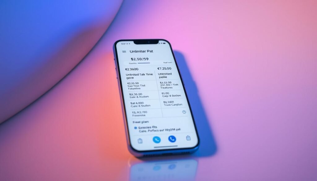 A high-quality, hyper-realistic photograph depicting the comparison of Telecombrother's mobile plan offerings and their respective unlimited talk time features. The scene shows a sleek, modern smartphone display showcasing the various plans side-by-side, highlighting the key details and benefits of each. The lighting is soft and diffused, creating a polished, professional atmosphere. The smartphone is captured at a 3/4 angle, allowing for a clear view of the screen content. The background is a minimalist, gradient-based design, keeping the focus on the device and the plan details. The overall aesthetic is clean, visually appealing, and effectively communicates the comparative nature of the "無限通話分鐘：各電訊商轉台優惠的語音服務比較" section.