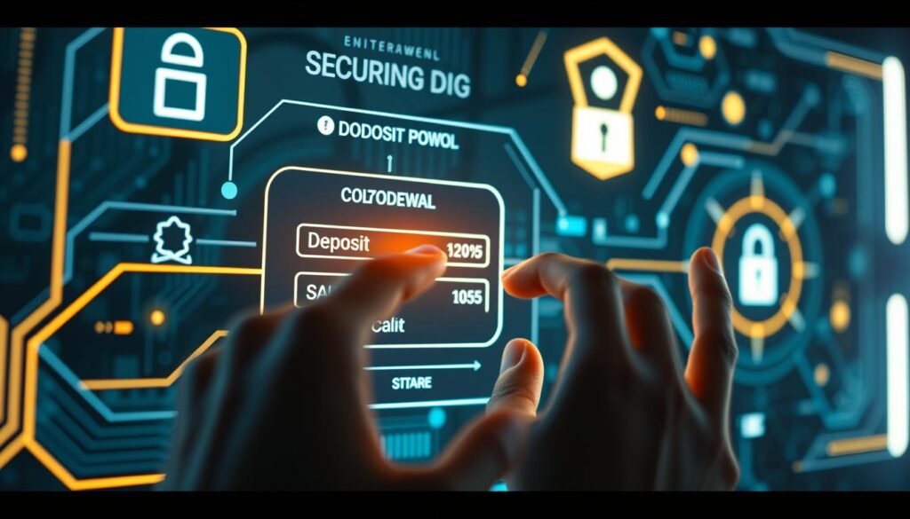 A secure financial transaction process within the UTown entertainment platform. A futuristic digital interface displays a seamless flow of deposits and withdrawals, with clean lines, glowing accents, and a sense of trust and reliability. In the foreground, a user's hand interacts with the interface, while the background features abstract shapes and patterns suggestive of encrypted data and secure protocols. The lighting is soft and directional, creating a sense of depth and emphasizing the key elements. The overall mood is one of technological sophistication and user-centric design, conveying the idea of a safe and efficient financial ecosystem within the UTown experience.