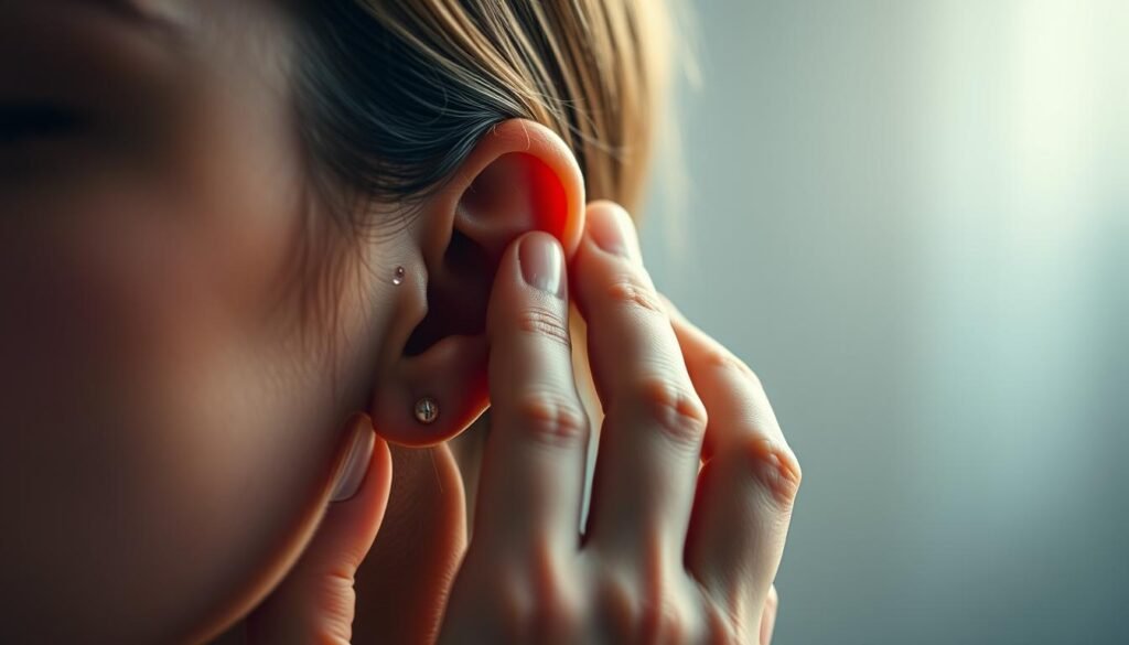 A tranquil scene of a person's hand gently massaging an ear, showcasing the delicate and intricate process of ear acupressure therapy. The fingertips apply gentle pressure on strategically located points, promoting the restoration of inner ear fluid balance. The subject's expression conveys a sense of calm and focus, as they embark on the restorative journey to overcome the challenges of inner ear imbalance. The lighting is soft and diffused, creating a soothing atmosphere that evokes a sense of healing and well-being. The background is blurred, allowing the viewer to concentrate on the intimate details of the therapeutic hand movements, capturing the essence of this specialized rehabilitation technique.