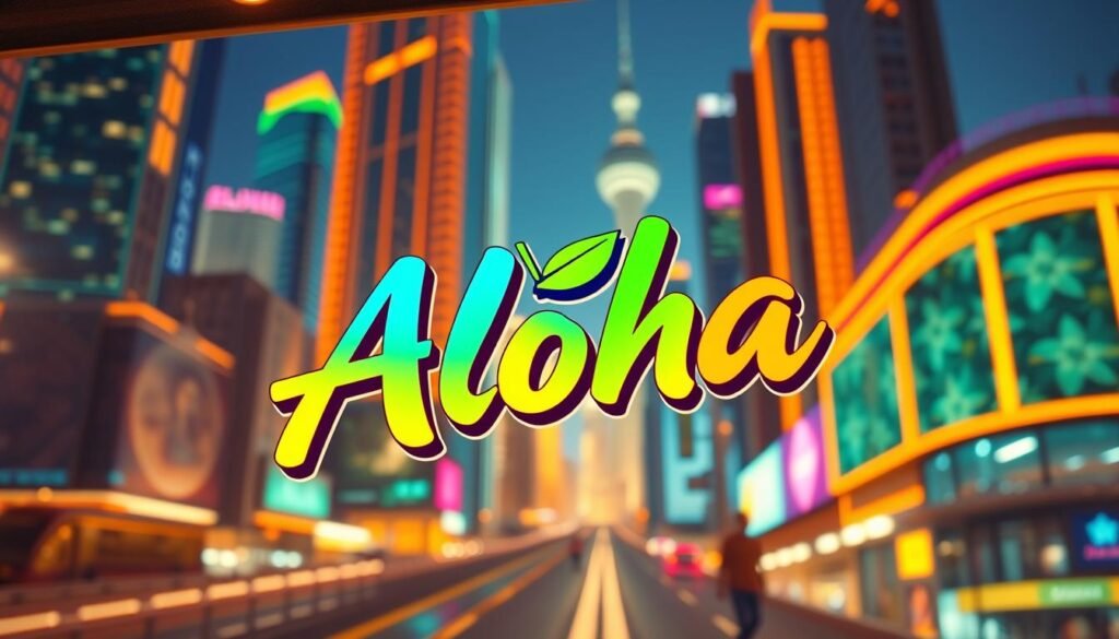 A vibrant and modern advertisement signage design for the Aloha brand, capturing the essence of the 2025 design trends. The signage features a clean, minimalist layout with a bold, eye-catching logo in a tropical color palette of blues, greens, and oranges. The background showcases a blurred, dynamic cityscape with futuristic skyscrapers and neon accents, creating a sense of urban energy and progression. The lighting is warm and dramatic, casting a warm glow on the signage and highlighting its sleek, three-dimensional form. The overall composition conveys a forward-thinking, innovative, and stylish aesthetic that reflects the evolution of advertisement signage design.
