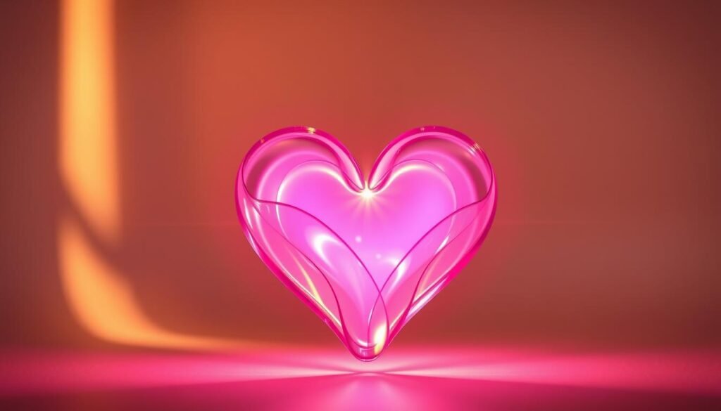 A vibrant heart-shaped silhouette radiates a luminous glow, its pulsing edges rippling with a captivating elasticity. Delicate, translucent layers of color intertwine, creating a mesmerizing, three-dimensional effect. Soft, diffused lighting from multiple angles bathes the scene in a warm, ethereal ambiance, accentuating the Glowin' Beaute product's transformative power. The composition is artfully balanced, with the heart-shaped form elegantly positioned against a subtly blurred, neutral background, allowing the captivating texture and luminosity to take center stage.
