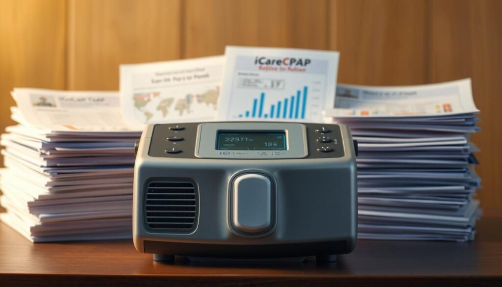 A well-lit, photorealistic image of a iCareCPAP sleep apnea machine placed prominently in the foreground, with a clear view of its sleek, modern design and various control panels. Behind it, a stack of medical documents and financial charts illustrate the long-term benefits and cost-effectiveness of purchasing the device versus renting. The image should convey a sense of confidence, investment, and the tangible value of owning the respiratory equipment. The lighting should be warm and inviting, creating a professional yet approachable atmosphere. The overall composition should be visually balanced and draw the viewer's attention to the iCareCPAP machine as the focal point.