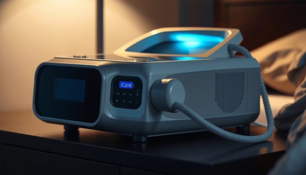 A well-maintained iCareCPAP sleep apnea machine resting on a dark wooden nightstand. The device has a sleek, modern design with a digital display and various control buttons. Soft, indirect lighting illuminates the machine, creating a soothing, therapeutic atmosphere. The image captures the device's functionality and the importance of proper care and maintenance to ensure its longevity and optimal performance in supporting restful sleep.
