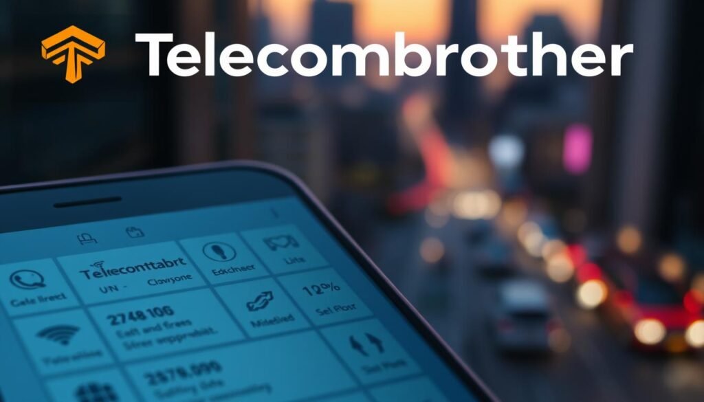 Detailed close-up of the Telecombrother telecommunications brand logo and interface, showcasing a sleek, modern design with a bold color palette. The foreground features a clean, minimal display of various cellular network icons, signal strength indicators, and data usage statistics. The middle ground depicts a stylized smartphone screen displaying service plan options and pricing details. The background subtly blends into a softly blurred cityscape, hinting at the ubiquity of mobile connectivity in the urban landscape. The overall composition conveys a sense of technological sophistication, connectivity, and consumer-centric service offerings.