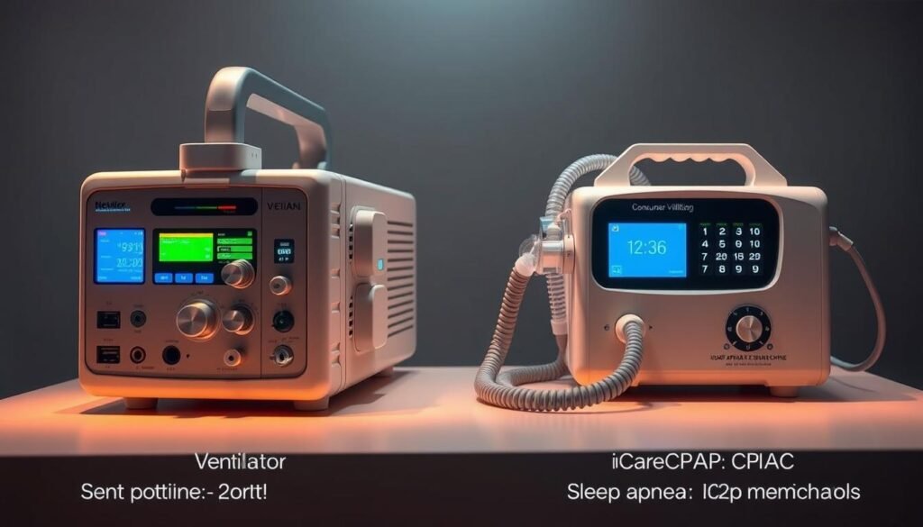 Detailed schematic comparison of a medical ventilator and a sleep apnea CPAP machine, displayed side-by-side. The medical ventilator is sleek and clinical, with advanced digital displays, knobs, and ports. The iCareCPAP sleep apnea machine is more compact and consumer-oriented, with a simple interface and hose attachment. Both devices are illuminated by soft, warm lighting, emphasizing their technical nature and medical applications. The scene is captured from a slightly elevated angle, providing a clear view of the devices' key features and highlighting the distinctions between the two. The background is a muted, professional-looking environment, allowing the machines to take center stage.