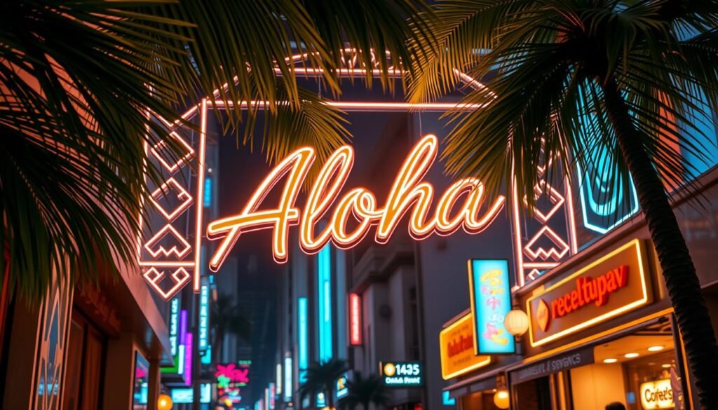 Elegant neon-lit signage with a tropical "Aloha" flair, casting a warm glow over the bustling urban streetscape. Geometric patterns and palm fronds frame the stylized brand name, evoking a modern, yet inviting atmosphere. Soft shadows and highlights accentuate the three-dimensional depth, as if the sign is suspended in a dreamlike setting. The overall composition captures the allure of a premium advertising service, seamlessly blending contemporary design with timeless Polynesian influences.