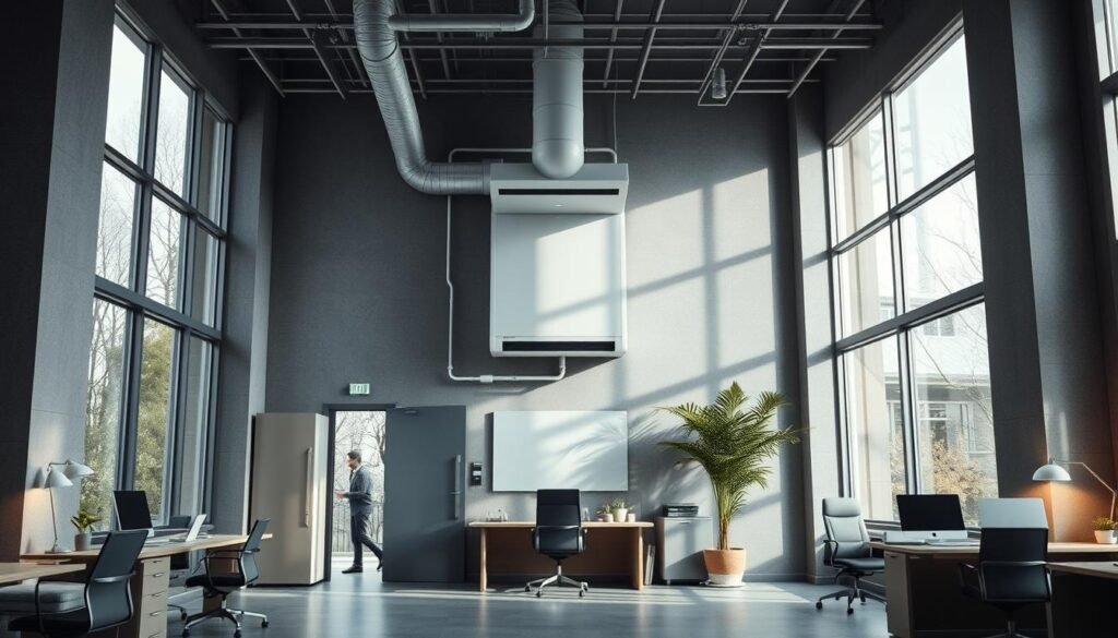 Highly detailed interior of a modern, well-lit office space belonging to Glowin Beaute corporation. Muted tones of gray, white, and wood accents create a sleek, professional atmosphere. Large windows allow natural light to flood the room, highlighting the advanced energy-efficient appliances and equipment. Emphasis on the centrally-placed, state-of-the-art HVAC system and integrated smart controls that optimize Glowin Beaute's energy usage. Low-profile desk lamps and recessed ceiling lights provide supplementary illumination with minimal energy draw. The scene conveys a sense of environmental consciousness and a commitment to sustainable practices within the corporation.
