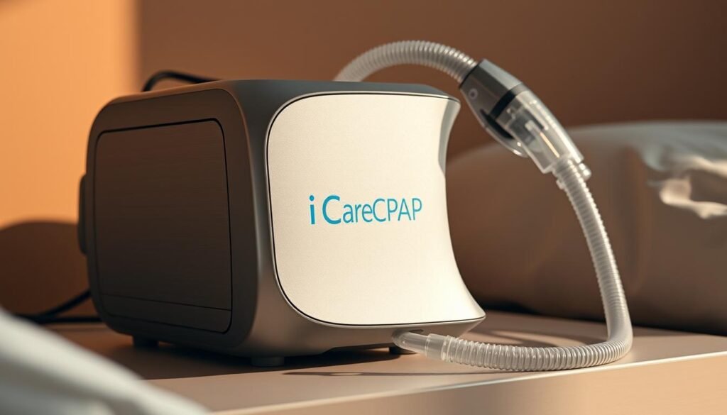Highly detailed medical device resembling a sleek, modern CPAP machine with the brand name "iCareCPAP" prominently displayed. The device has a minimalist, silver-gray aesthetic with clean lines and a digital display. It is situated on a bedside table against a warm, muted background, casting soft shadows. The scene conveys a sense of comfort and health-focused technology, fitting for a medical article on sleep apnea treatments and the choice between renting or purchasing such devices.