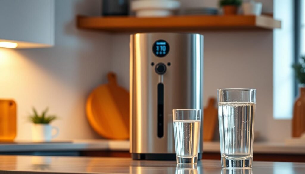 a sleek and modern water purifier system standing prominently on a kitchen countertop, its minimalist design and stainless steel finish reflecting the warm tones of the surrounding environment. Soft, diffused lighting illuminates the device, highlighting its clean lines and intuitive controls. In the foreground, a glass of crystal-clear water sits, symbolizing the purifier's effective filtration capabilities. The overall scene conveys a sense of health, wellness, and a thoughtful approach to home water management.