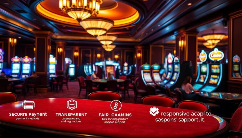A cozy, dimly lit casino interior with plush velvet upholstery, brass fixtures, and a warm amber glow. In the foreground, a table displaying the key indicators for a reliable online casino like UTown: secure payment methods, transparent licensing and regulation, fair gaming practices, and responsive customer support. The background features a panoramic view of the bustling casino floor, with players engrossed in a variety of table games and slot machines. The overall atmosphere conveys a sense of sophistication, trust, and entertainment.