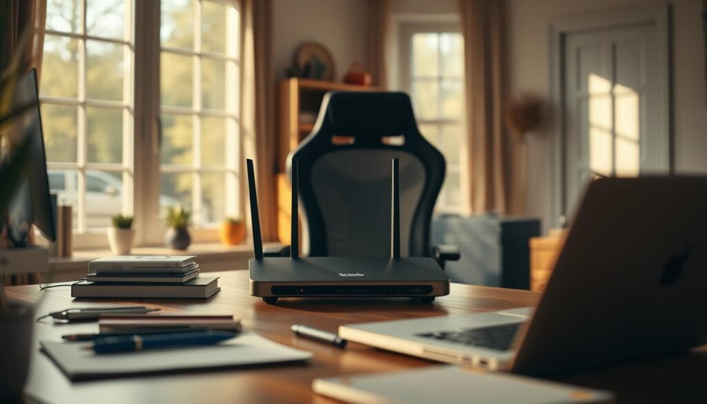A cozy home office scene with a sleek "Telecombrother" router prominently displayed on a wooden desk. The space is bathed in warm, natural lighting filtered through large windows, creating a serene and productive atmosphere. In the foreground, various office supplies and a laptop are neatly arranged, symbolizing the seamless integration of high-speed internet and remote work. The middle ground features a comfortable ergonomic chair, inviting the viewer to envision themselves immersed in a productive, distraction-free work session. The background subtly hints at other household elements, such as shelves or plants, conveying a sense of balance between work and home life in the post-pandemic era.