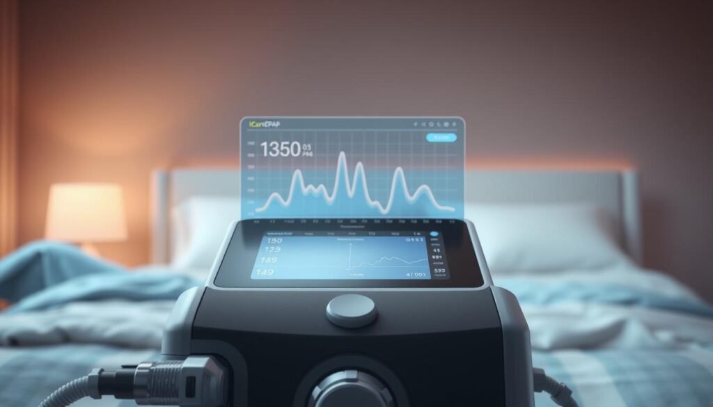 A detailed illustration of an iCareCPAP sleep apnea machine with cloud-connected data analysis. The machine takes up the foreground, rendered in high-resolution with intricate details of its components and control panel. In the middle ground, a graph or chart visualizes key respiratory metrics collected from the device, displayed on a sleek digital interface. The background depicts a serene, minimalist environment, suggesting the bedroom or medical setting where the machine is used. Warm, soft lighting creates a calming atmosphere, while the overall composition conveys the integration of advanced sleep therapy technology and comprehensive data insights.