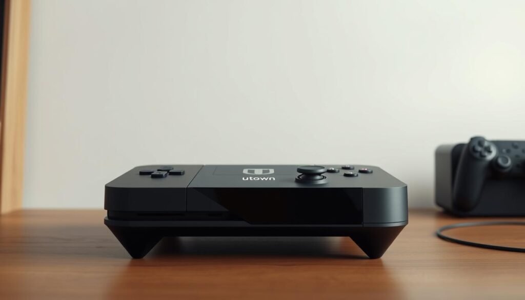 A detailed, photorealistic image of a gaming console with the words "UTown" prominently displayed on the front panel. The console is sitting on a wooden surface, with a minimalist, modern design aesthetic. The lighting is soft and diffused, creating a warm and inviting atmosphere. The focus is on the console, with a clean and uncluttered background, allowing the device to be the central subject. The image conveys a sense of simplicity and user-friendliness, hinting at the ease of use and accessibility of the gaming experience.