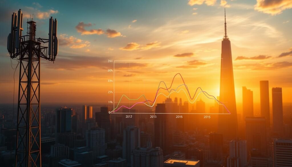 A detailed visualization of data usage assessment, showcasing a vibrant cityscape against a sunset sky. In the foreground, a Telecombrother 5G tower emits a soft glow, symbolizing the infrastructure powering high-speed connectivity. Mid-ground features a stylized graph depicting data consumption trends, with various colored lines representing different user profiles. In the background, a towering skyscraper skyline reflects the modern, data-driven urban landscape. The scene is bathed in warm, golden tones, conveying a sense of progress and technological advancement.