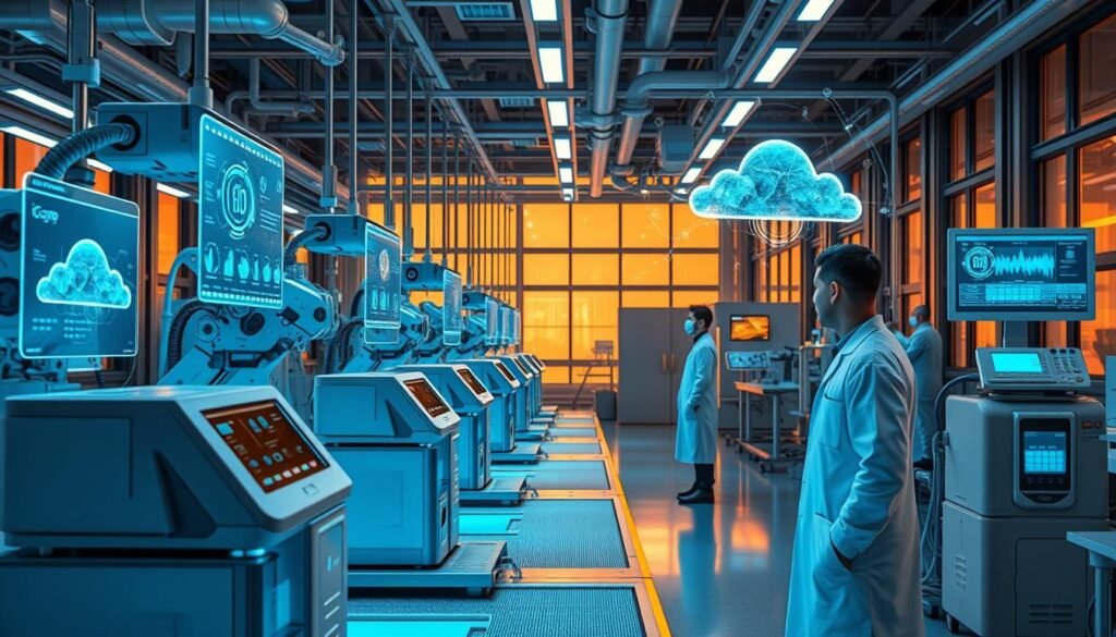 A futuristic medical equipment factory, with advanced robotic assembly lines crafting iCareCPAP sleep apnea machines. Intricate cloud data analytics systems monitor patient data, visualized in holographic displays. Sleek, minimalist device designs in muted greys and blues, subtly illuminated. Warm lighting filters through floor-to-ceiling windows, casting a serene, technological ambiance. Technicians in pristine white lab coats oversee the seamless integration of hardware and software, ensuring optimal patient outcomes. The image conveys the harmonious evolution of sleep apnea treatment, where cutting-edge cloud technology enhances the efficacy of iCareCPAP devices.