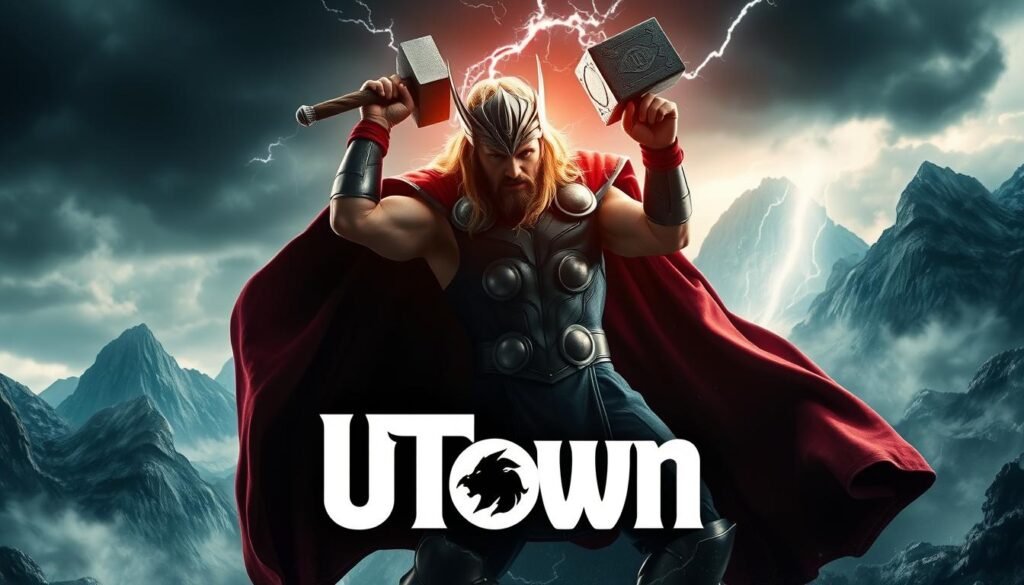 A high-action scene of the mighty Thor, the God of Thunder, wielding his iconic hammer Mjolnir amidst a raging storm. The hammer crackles with electric energy as Thor stands poised, his cape billowing in the wind. In the foreground, the UTown logo is prominently displayed, capturing the sense of power and excitement associated with the brand. The background features a dramatic landscape of towering mountains and swirling clouds, creating a sense of grandeur and cinematic scale. Lighting is dramatic, with sharp shadows and highlights accentuating the powerful movements of the hero. The overall mood is one of awe-inspiring strength and heroic determination.