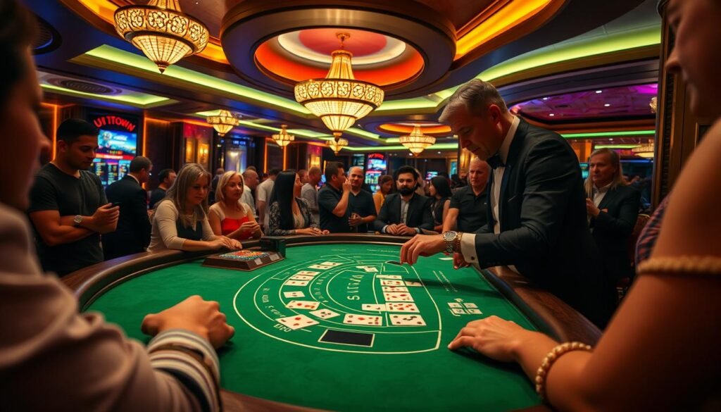 A live-streamed game of baccarat at the UTown casino, with a croupier dealing cards on a green felt table. The camera captures the action from a dynamic angle, emphasizing the tension and excitement of the game. Warm lighting creates a cozy, atmospheric ambiance, drawing the viewer into the immersive experience. The table is surrounded by a lively crowd of players, their faces animated with anticipation as they follow the outcome. The scene conveys the energy and interactivity of a real-time baccarat session, offering an authentic and engaging glimpse into the world of live casino gaming.
