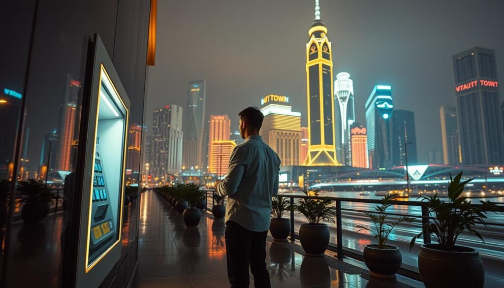 A neon-lit cityscape at night, the skyline dominated by the iconic UTown skyscrapers. In the foreground, a lone figure stands before a glowing ATM, their hands expertly navigating the touchscreen interface. The scene is bathed in a warm, golden glow, creating an atmosphere of efficiency and modern convenience. Reflections of the towering buildings shimmer in the puddles on the rain-slicked streets, while a gentle breeze rustles the leaves of potted plants lining the sidewalk. The image conveys a sense of streamlined financial transactions, with the user effortlessly withdrawing funds in a safe, secure, and rapid manner.