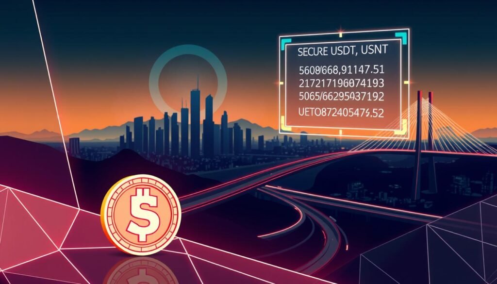 A sleek, modern illustration depicting the secure USDT transaction process of UTown entertainment city. In the foreground, a stylized USDT coin hovers amidst a geometric, neon-tinged landscape. The middle ground showcases a futuristic cityscape, its skyscrapers and bridges rendered in sharp, angular lines. In the background, a holographic interface displays encrypted transaction data, symbolizing the advanced cryptographic safeguards that protect UTown's USDT ecosystem. The overall aesthetic conveys a sense of technological sophistication, digital security, and the seamless integration of cryptocurrency into the urban landscape.