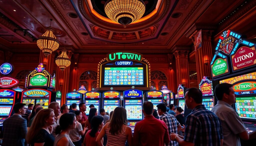 A vibrant and dynamic UTown casino lottery game scene. In the foreground, a group of excited players gathered around a large lottery terminal, their faces alight with anticipation as they select their lucky numbers. The middle ground features an array of colorful lottery game displays, showcasing the diverse selection of international lottery options available. In the background, the ornate and luxurious UTown casino interior sets the stage, with warm lighting and a sense of energy and excitement. The overall atmosphere conveys the thrill and anticipation of the lottery experience, with a focus on the strategy and techniques of placing successful bets.