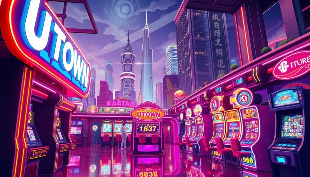A vibrant and inviting illustration of the &quot;UTown Entertainment City Lottery Games&quot;, showcasing a meticulously designed arcade-style environment. In the foreground, a captivating neon-lit sign displays the UTown brand, casting a warm glow across the scene. The middle ground features an array of colorful lottery games and interactive terminals, inviting the viewer to explore the diverse international lottery offerings. The background depicts a bustling cityscape, with towering skyscrapers and a lively atmosphere, setting the stage for an immersive gaming experience. The lighting is dramatic, with a blend of vibrant hues and a sense of energy, conveying the excitement and anticipation of the lottery games. The overall composition is balanced and visually engaging, perfectly capturing the essence of the &quot;UTown Entertainment City Lottery Games&quot; and the article's subject matter.