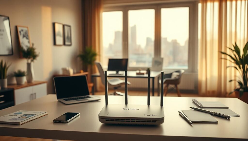 An interior scene showcasing the evolving role of home broadband in remote work and learning post-pandemic. In the foreground, a Telecombrother high-speed router sits prominently on a minimalist desk, surrounded by a laptop, smartphone, and office supplies. The middle ground features a cozy home office setup, with a large window overlooking a cityscape in the background, bathed in warm, natural lighting. The overall mood is one of productivity and technological integration, capturing the increased reliance on reliable, high-bandwidth internet connections for both professional and educational needs.