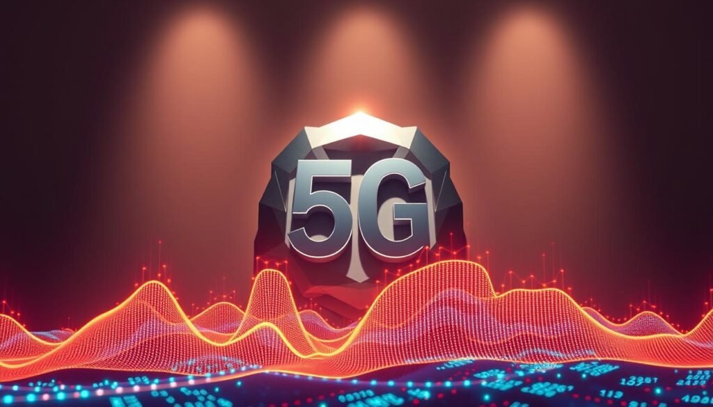 Telecombrother's 100GB 5G Plan - a vibrant digital experience. Set against a sleek, minimalist backdrop, a metallic 5G icon commands attention, its angular facets casting intricate shadows. In the foreground, a stylized data graph pulses with dynamic energy, visualizing the boundless potential of this high-speed connectivity. The overall composition conveys a sense of technological prowess and unparalleled data capacity, inviting the viewer to immerse themselves in the future of seamless digital living.