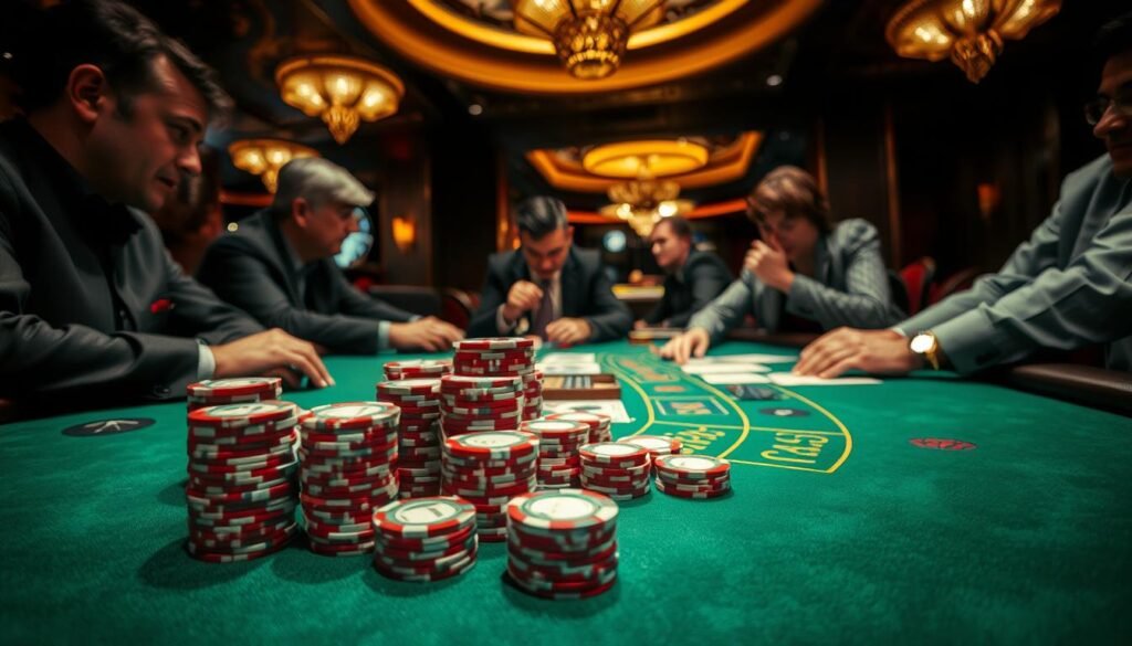 A dimly lit casino table, the green felt surface reflecting the warm glow of overhead lamps. Stacks of casino chips in various denominations are neatly arranged, ready for strategic placement. The dealer's hands deftly shuffle and deal the cards, as players lean in, their expressions focused, contemplating their next move. The atmosphere is tense, yet electric, as the game of Baccarat unfolds, each player seeking the optimal betting strategy to maximize their chances of success.