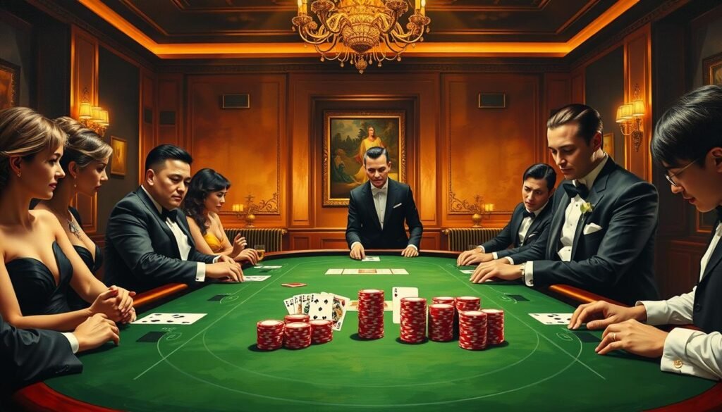 A lavishly detailed oil painting depicting the classic game of Baccarat (Pai Gow), showcasing the traditional game rules and setup. The foreground features a lush green baize-covered table surrounded by players dressed in elegant evening attire, focused intently on the cards being dealt by a tuxedo-clad croupier. The middle ground showcases the iconic Baccarat score card and chip stacks, while the background is illuminated by the warm glow of a chandelier, casting a sophisticated ambiance over the scene. The composition is balanced and symmetrical, conveying a sense of refined elegance and timeless allure associated with this beloved casino game.