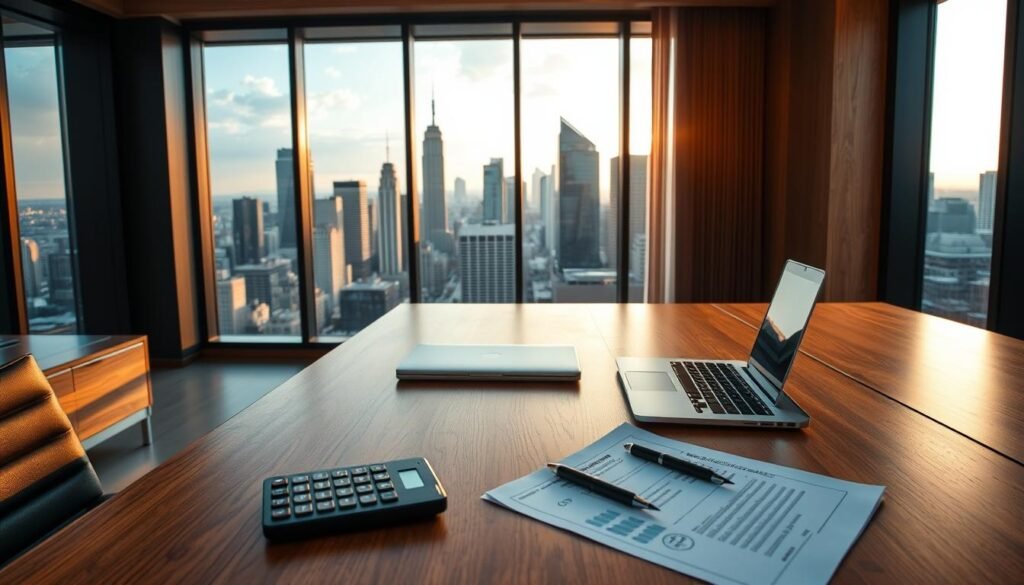 A sleek, modern office interior with a wooden desk, laptop, and calculator arranged neatly. Behind the desk, a large window overlooking a bustling city skyline, bathed in warm, golden natural lighting. On the desk, financial documents and a pen rest, suggesting a scene of careful evaluation and decision-making. The overall atmosphere conveys a sense of professionalism, efficiency, and a considered approach to assessing financial criteria, beyond just credit history.