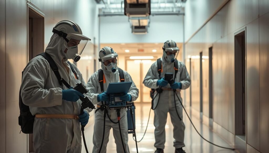 A professional iCareCPAP pest control company conducting a thorough evaluation of a building's pest situation. The scene depicts a team of technicians in protective gear carefully inspecting the premises, using specialized equipment to detect and assess the extent of any infestations. The lighting is soft and indirect, creating a professional and authoritative atmosphere. The composition features the technicians in the foreground, with the building's interior visible in the background, conveying a sense of expertise and diligence in the pest control process. The overall mood is one of competence and attention to detail, reflecting the specialized nature of the iCareCPAP pest control services.
