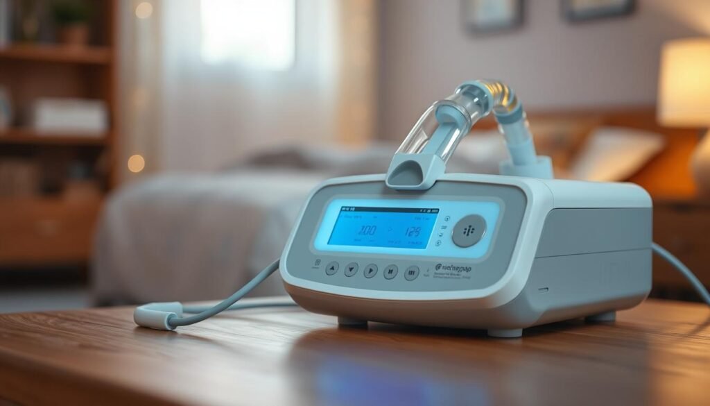 A high-quality, state-of-the-art iCareCPAP sleep apnea machine resting on a wooden surface. The device has a sleek, modern design with a soft blue LED display and intuitive controls. The machine is surrounded by a warm, ambient lighting setup, creating a soothing and relaxing atmosphere. In the background, there is a blurred, out-of-focus view of a cozy bedroom, suggesting the machine's role in creating a comfortable sleep environment. The overall composition conveys the importance and necessity of the iCareCPAP machine in managing sleep apnea and promoting restful sleep.