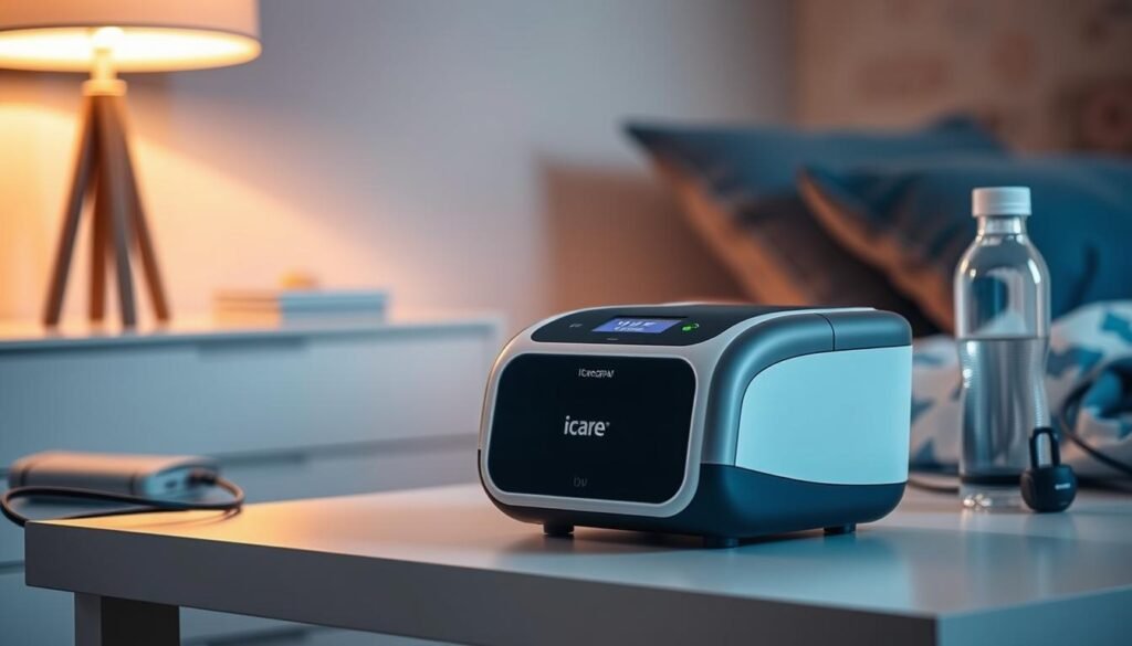 A portable, lightweight sleep apnea machine from the iCareCPAP brand, with a sleek, compact design. The machine is placed on a minimalist, modern table, illuminated by soft, warm lighting from a nearby lamp. The machine is surrounded by a few personal items, such as a charging cable and a water bottle, suggesting a cozy, personal setting. The background is blurred, creating a sense of focus on the machine. The overall mood is one of efficiency, organization, and ease of use, reflecting the section's focus on properly transporting the sleep apnea machine.