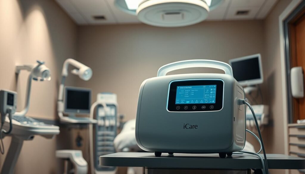 A high-quality, futuristic sleep apnea machine with the iCareCPAP brand name, showcased in a clean, well-lit medical setting. The device has a sleek, modern design with intuitive controls and a clear display. It is positioned prominently in the foreground, surrounded by medical equipment and diagnostic tools. The background features a serene, calming atmosphere with soft lighting and muted colors, creating a sense of comfort and relaxation for the patient. The overall scene conveys the clinical effectiveness and user-friendly nature of the sleep apnea machine, highlighting its role in the treatment of sleep-disordered breathing. A high-quality, futuristic sleep apnea machine with the iCareCPAP brand name, showcased in a clean, well-lit medical setting. The device has a sleek, modern design with intuitive controls and a clear display. It is positioned prominently in the foreground, surrounded by medical equipment and diagnostic tools. The background features a serene, calming atmosphere with soft lighting and muted colors, creating a sense of comfort and relaxation for the patient. The overall scene conveys the clinical effectiveness and user-friendly nature of the sleep apnea machine, highlighting its role in the treatment of sleep-disordered breathing.