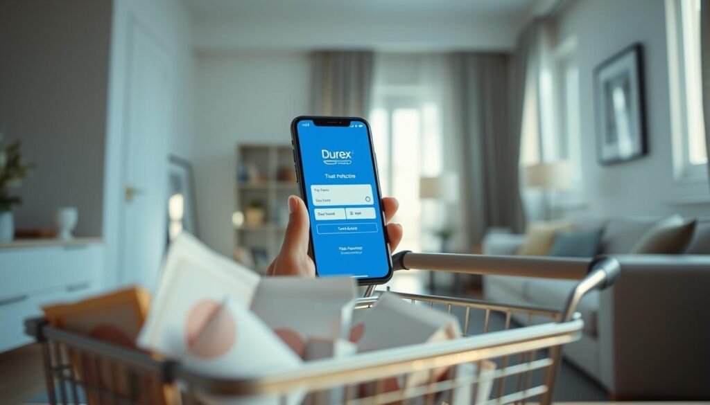 A modern, clean e-commerce interface showcasing Durex products with an emphasis on privacy protection. In the foreground, a well-organized shopping cart filled with discreetly packaged items, reflecting a sense of trust and safety. In the middle, a sleek smartphone displaying a secure checkout page, with a soothing blue color palette to evoke tranquility. The background features a softly lit room with subtle decor, suggesting a private and comfortable environment conducive to intimate conversations. Natural light filters through a window, casting gentle shadows and enhancing the intimate atmosphere. The image conveys a sense of security and openness, focusing on communication and consent in an online shopping context, while avoiding any explicit or suggestive elements.