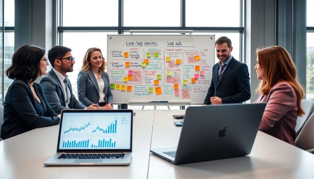 A professional office environment where a diverse group of individuals in business attire are collaborating around a modern conference table, analyzing digital marketing strategies focused on "line lap" and "lap ads." In the foreground, a laptop displays graphs and analytics related to advertising performance. The middle ground shows a whiteboard filled with colorful charts and sticky notes outlining optimization techniques and implementation strategies for effective advertising. The background features large windows with soft natural light flooding in, creating an inviting and productive atmosphere. The mood is dynamic and focused, emphasizing teamwork and innovation in advertising. The image should capture a moment of brainstorming and strategizing, highlighting the importance of collaboration in optimizing marketing efforts.