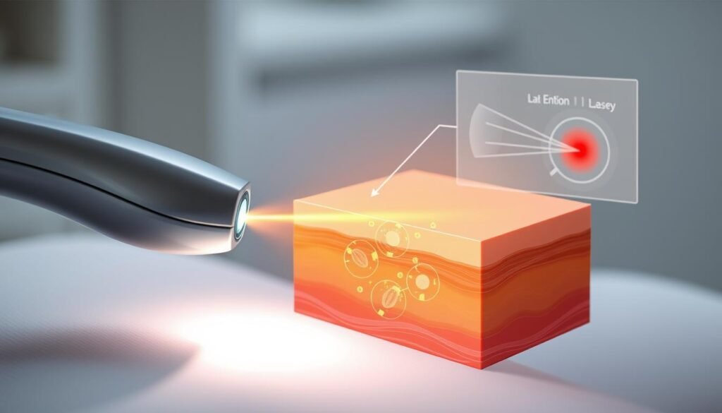A detailed and visually informative illustration depicting the working principle of laser hair removal. In the foreground, a sleek laser device is shown emitting a focused beam of light towards a hair follicle. The middle layer contains a cross-sectional view of skin, highlighting hair follicles and their interaction with the laser light, showcasing how the energy targets melanin. In the background, an abstract diagram illustrates the absorption of laser energy and the subsequent heat generation. Soft, clinical lighting enhances the scientific atmosphere, while a slightly blurred background emphasizes the focus on the laser treatment process. The image conveys a sense of professionalism and advanced technology, suitable for a medical context. Ensure the composition is clean and free of text, capturing the essence of laser hair removal effectively.