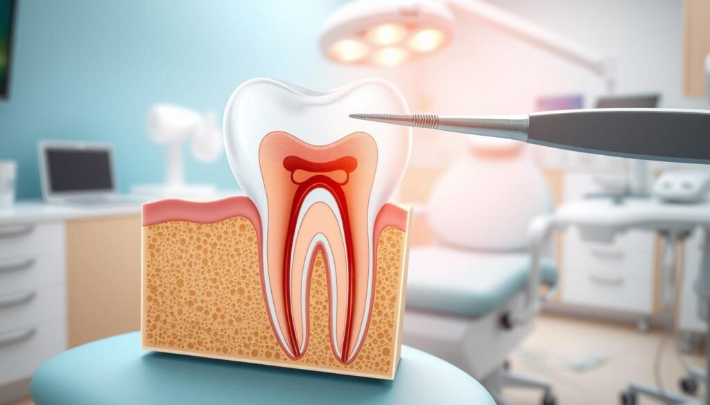 A detailed illustration of a tooth structure during a root canal treatment, showcasing the intricate anatomy and components involved. In the foreground, depict a stylized cross-section of a tooth highlighting the pulp chamber, roots, and surrounding bone. The middle ground should feature dental tools, such as a microtome and endodontic file, in a clinical setting, with the background containing softly blurred dental equipment and a comfortable dental chair to create a reassuring atmosphere. Utilize bright, sterile lighting to emphasize cleanliness and professionalism, and use a slight overhead angle to provide a clear perspective of the tooth and tools without overcrowding the composition. The mood should convey trust and expertise.
