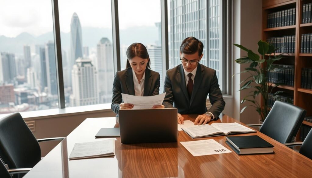 A professional workspace illustrating the company registration process in Hong Kong. In the foreground, a well-dressed businesswoman and businessman are examining documents on a sleek conference table, surrounded by legal papers and a laptop. In the middle, a large window reveals a cityscape of Hong Kong with iconic skyscrapers, symbolizing a vibrant business environment. The background features a bookshelf filled with legal texts and a plant, adding a touch of greenery. Soft, ambient lighting creates a warm and professional atmosphere, highlighting the seriousness of legal procedures. The composition is shot from a slightly elevated angle, emphasizing the interaction between the individuals and their tasks while maintaining a focus on the documentation involved in setting up a business in Hong Kong.