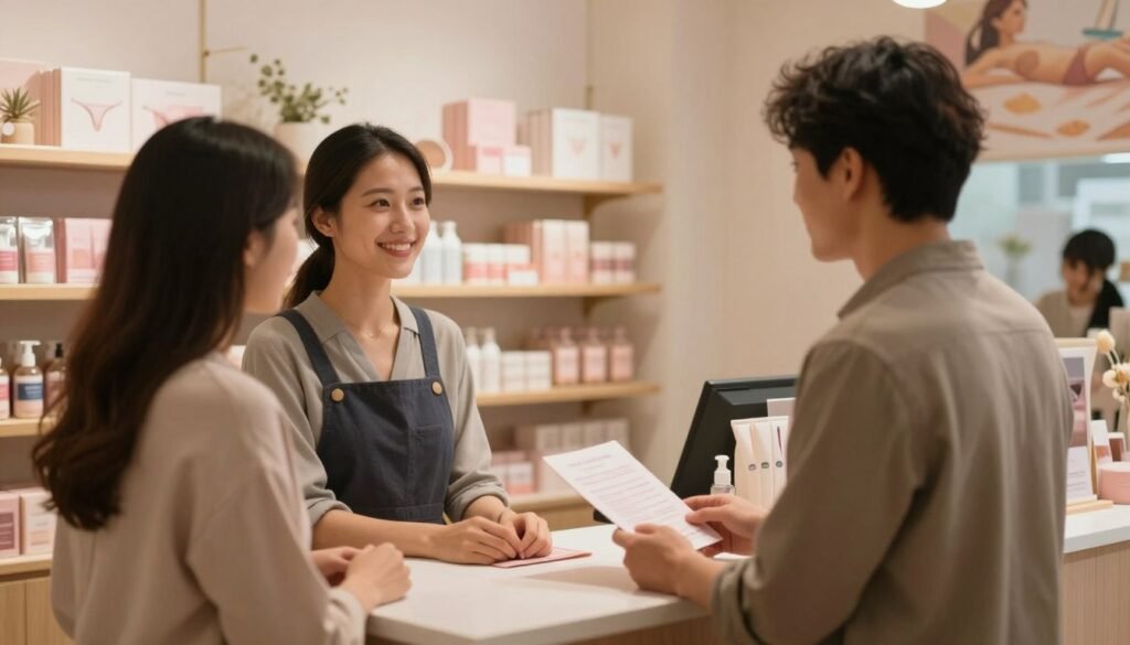 A modern, inviting customer service area in a boutique shop specializing in intimacy products, featuring a friendly, professional staff member in casual business attire, assisting a couple at the counter. The foreground shows a smiling employee holding a product brochure, while the couple, dressed casually but modestly, engages warmly with her. The middle ground contains elegantly displayed products on shelves, with soft, warm lighting creating a cozy and intimate atmosphere. In the background, a softly blurred mural depicting relaxing scenes enhances the ambiance. The overall mood is welcoming and supportive, with a cinematic feel, captured from a slightly elevated angle to emphasize the service interaction, set in a 4:3 aspect ratio.