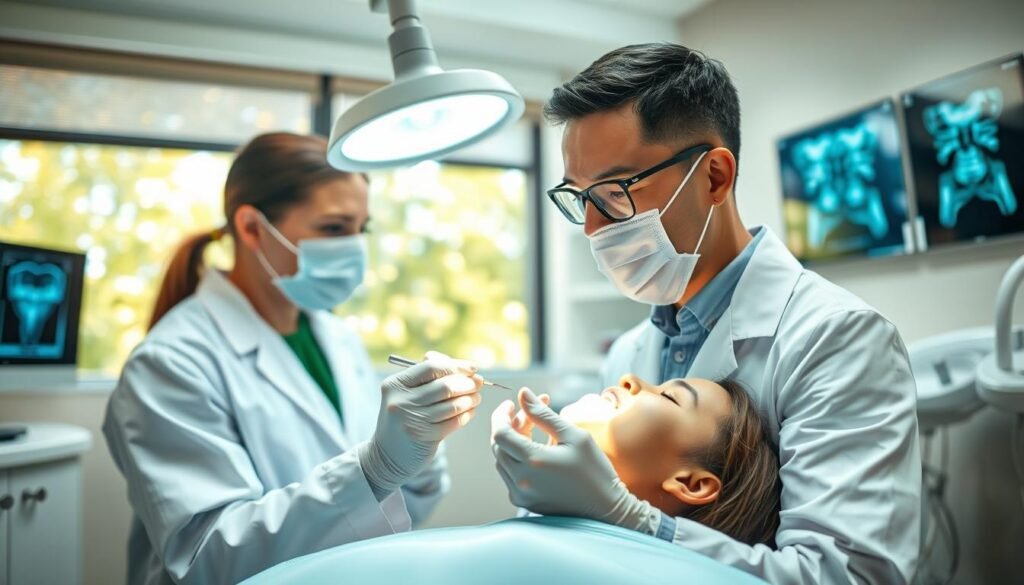 A detailed dental examination scene focusing on wisdom teeth health, showcasing a dental professional in a white coat inspecting a patient's mouth. The foreground features the dentist holding dental tools while illuminated by bright overhead lights, emphasizing a clean and clinical atmosphere. The middle ground includes a dental chair and essential equipment, such as a sterilization tray and x-ray display on the wall, highlighting the importance of regular check-ups. The background portrays a softly blurred dental office environment with calming colors and foliage outside the window, evoking a sense of care and professionalism. The mood is educational and reassuring, signifying preventive measures in oral health care.