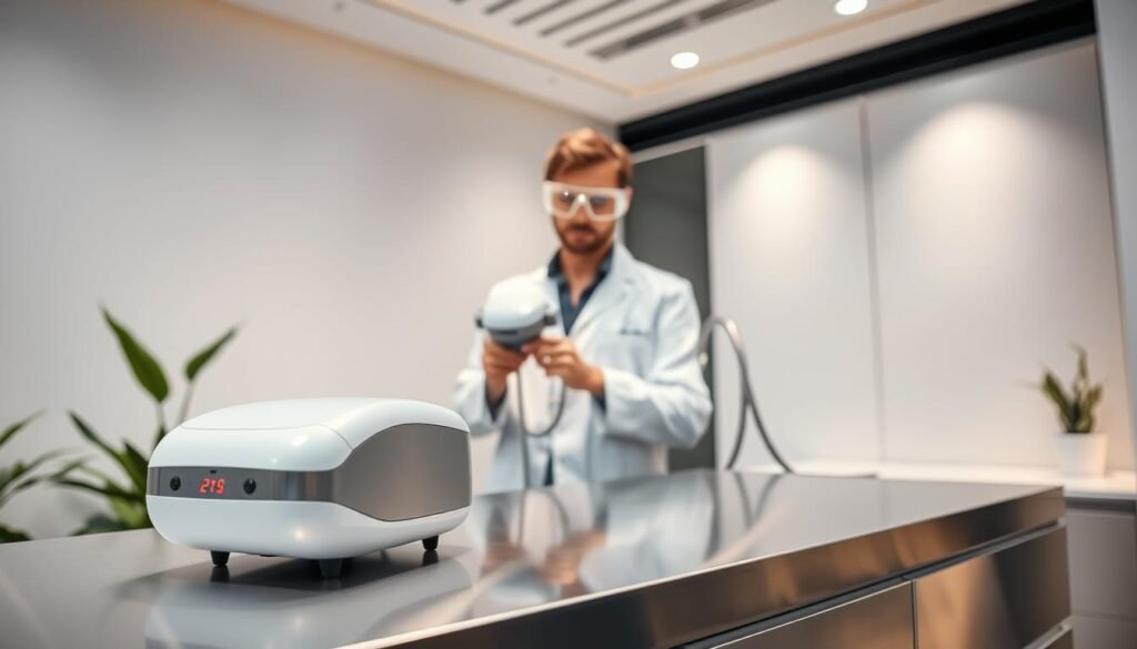 A modern and professional clinic setting showcasing laser hair removal technology. In the foreground, a sleek laser device is displayed on a clean, stainless steel counter. In the middle, a practitioner in a white lab coat and safety goggles is preparing the laser equipment, focusing on the precision aspects of hair removal. In the background, soft, ambient lighting creates a calm and inviting atmosphere, with subtle hints of green from indoor plants. The image should capture a sense of innovation and cleanliness, emphasizing the scientific approach to laser hair removal. The angle should be slightly elevated, providing a comprehensive view of the procedure setup without including any patients. The overall mood should convey professionalism and trust in modern aesthetics.