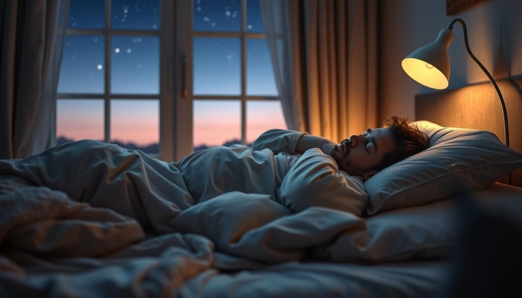A serene bedroom scene featuring a person sleeping on their back, surrounded by pillows and blankets, illustrating the concept of snoring due to this sleep position. In the foreground, the person is depicted in modest pajamas, peacefully asleep but exhibiting a subtle snoring expression. The middle ground includes a gently glowing bedside lamp casting warm light across the room, highlighting the textures of the bedding. In the background, a window reveals a soft twilight ambiance, with stars beginning to twinkle in the night sky. The overall mood is calm and reflective, encouraging viewers to consider the impacts of sleep positions on health. The image should have a warm, inviting atmosphere, using soft focus to create a dreamlike quality, with no text or distractions present.